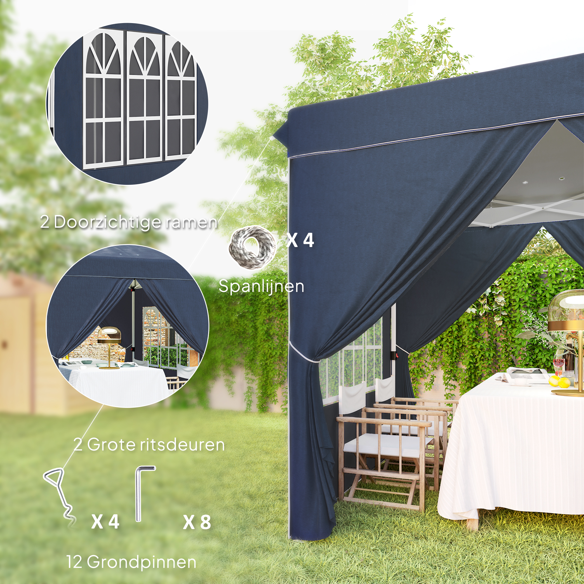 Outsunny 2,5 x 2,5 m Pop-up Paviljoen met Zijwanden en Draagtas, UPF50+ Hoogteverstelbaar Tuinpaviljoen, Donkerblauw