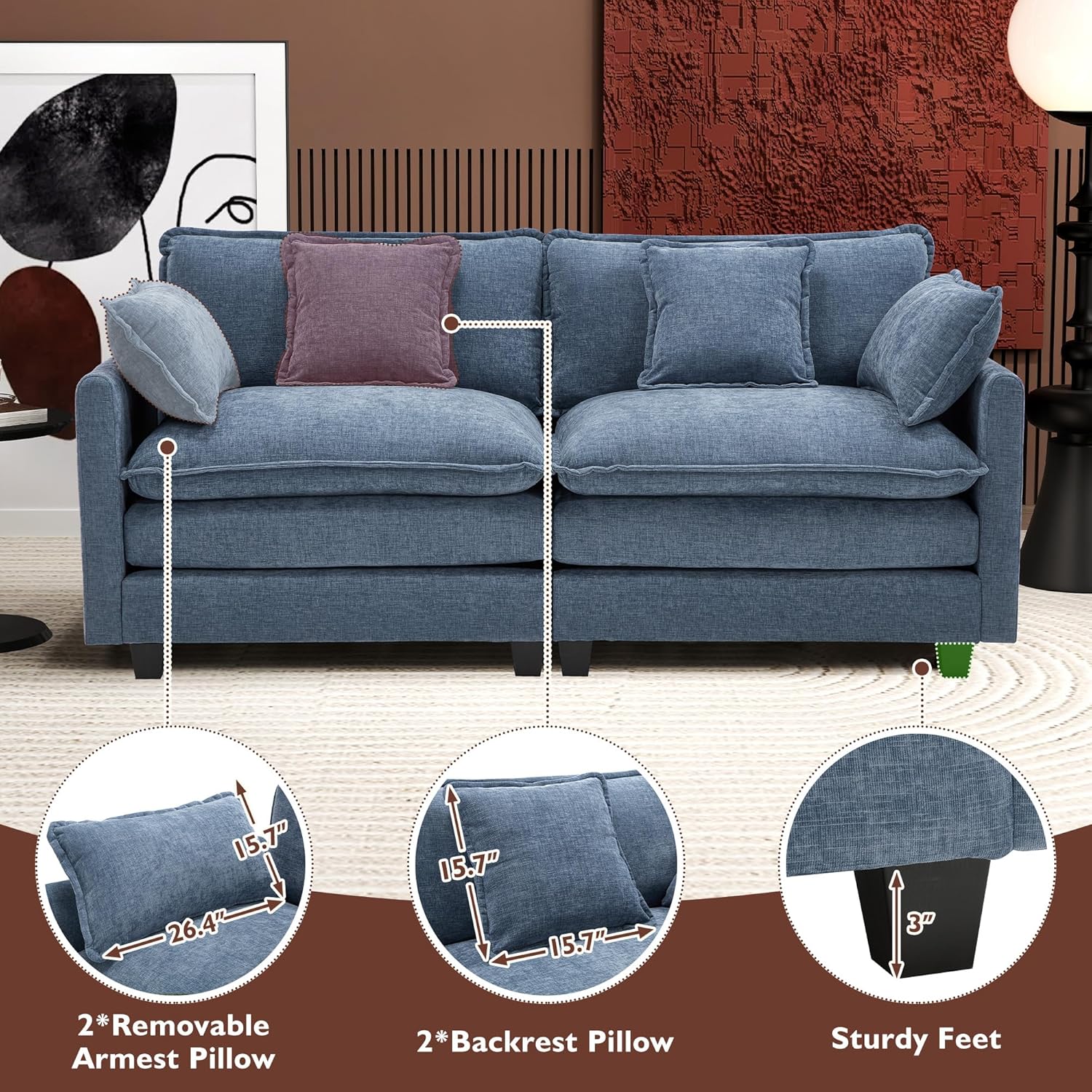 111.4 Inch L-Shaped Modern Sofa Modular Cloud Sofa Ottoman 4-Seater Chenille Deep Seat Sofa
