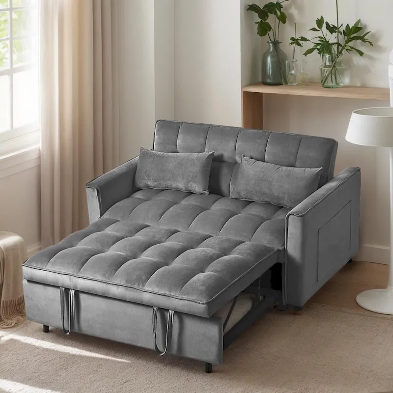 Modern Velvet Futon Loveseat with Reclining Backrest & Pockets, Seats 2 �?Dark Gray / Light Gray / Blue / Black