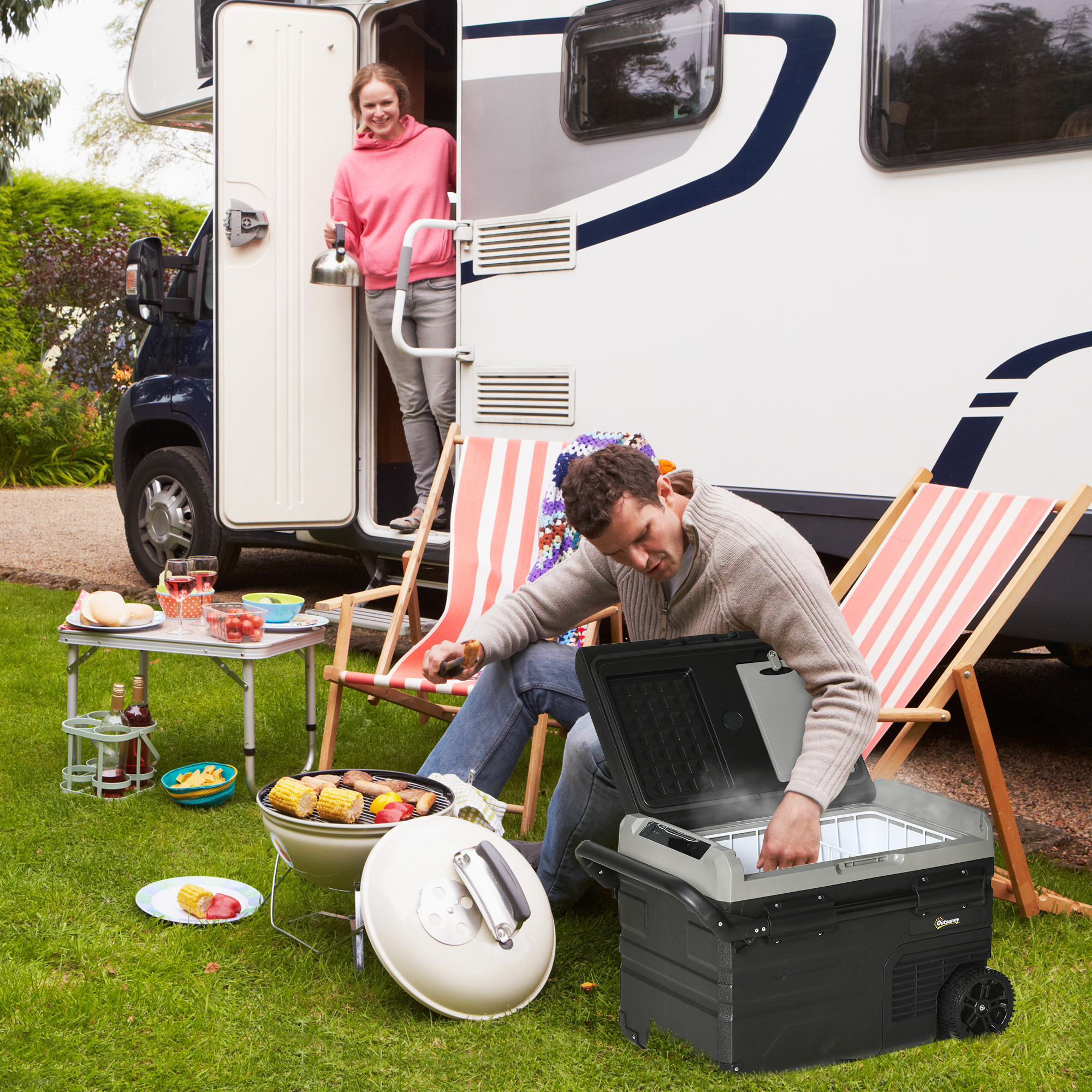 Outsunny koelbox auto 40L met LED verlichting compressor auto koelkast met handgrepen transportwielen kofferbak camper travel 12/24V DC en 110-240V AC grijs + zwart