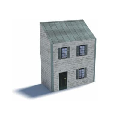 Background House (white, 2 level, sloped green roof)