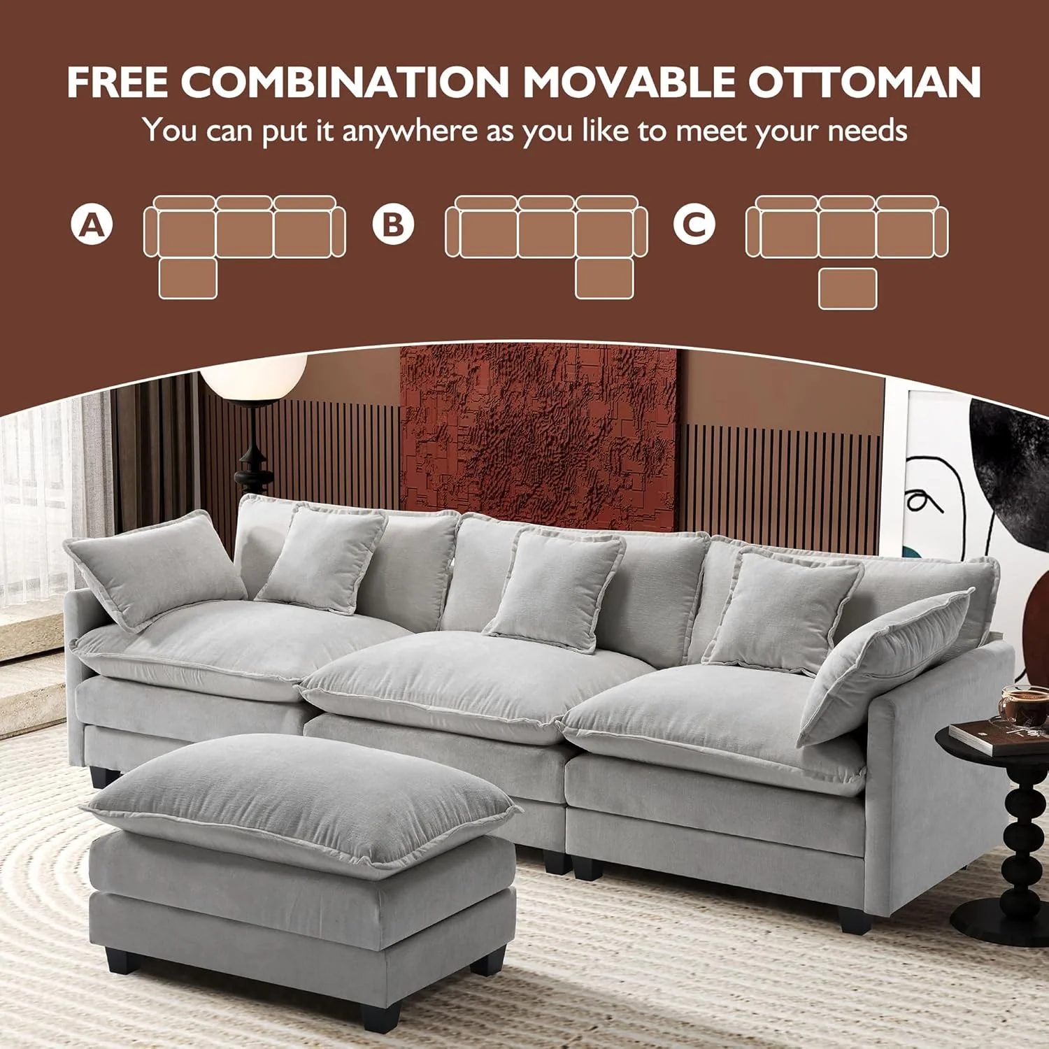 111.4 Inch L-Shaped Modern Sofa Modular Cloud Sofa Ottoman 4-Seater Chenille Deep Seat Sofa