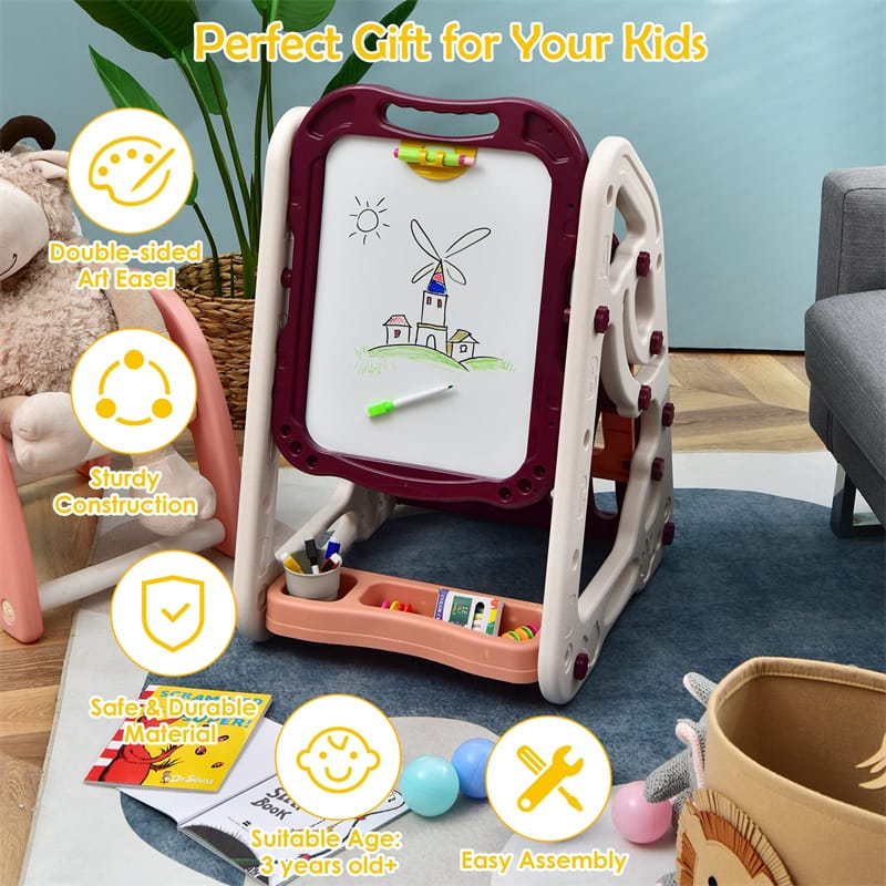 3-in-1 Kids Art Easel Double-Sided Magnetic Whiteboard & Chalkboard with Book Rack, Height Adjustable Standing Book Shelf Art Easel for Toddlers