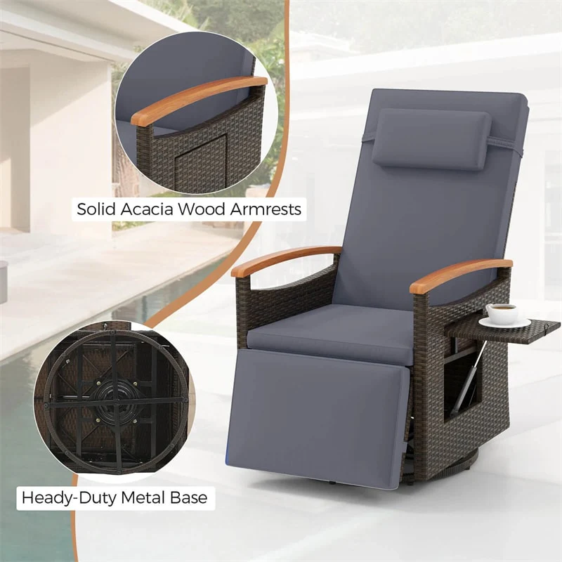 Outdoor Rattan 360° Swivel Recliner Chair, Patio Wicker Chaise Lounge Chair with Adjustable Backrest & Footrest, Flip Side Table & Cushions