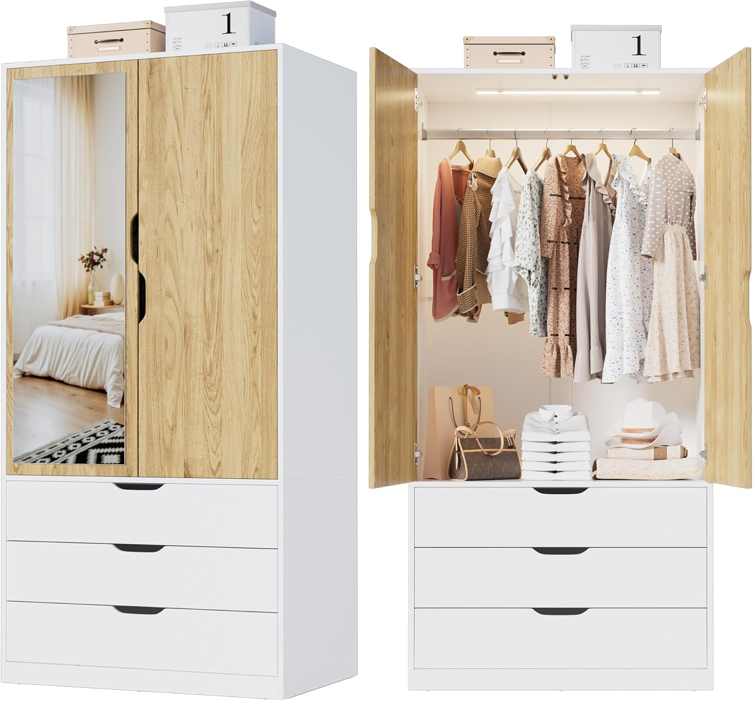 MSFE Armoire Chambre Penderie avec 2 Portes, Armoire Dressing Blanc avec Miroir, LED et 3 Tiroirs, Armoires de Rangement Bois pour Adulte Enfant, Garde-Robe Moderne 80 x 180 x 50 cm (L/H/P)