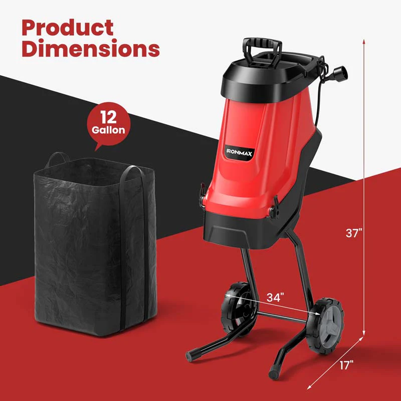 15-Amp Electric Wood Chipper and Shredder, Corded Leaf Mulcher with 15:1 Reduction, Safety Lock, 1.77
