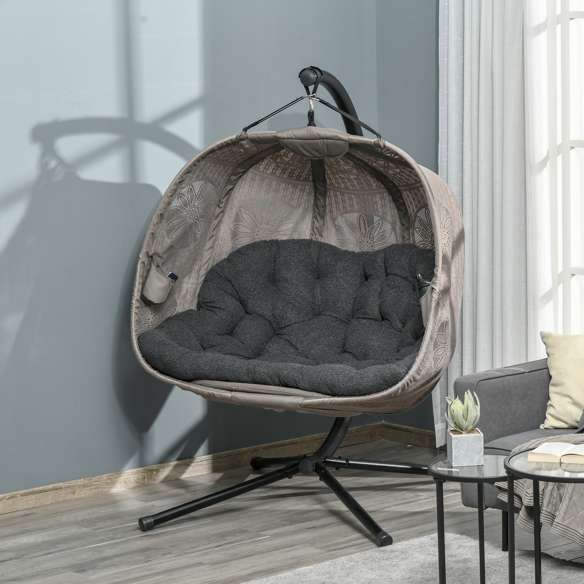 Outsunny hangstoel voor twee personen kleur zwart+zand 132L x 126W x 172H cm