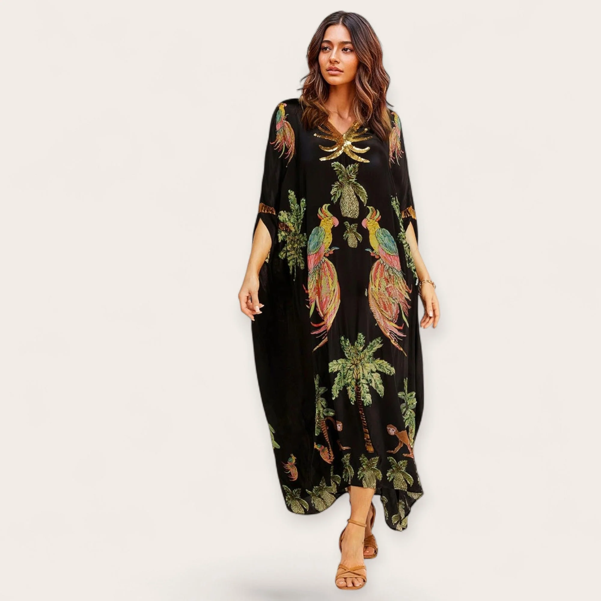 Women��s Tropical Print Kaftan Dress Loose-Fitting Summer Style