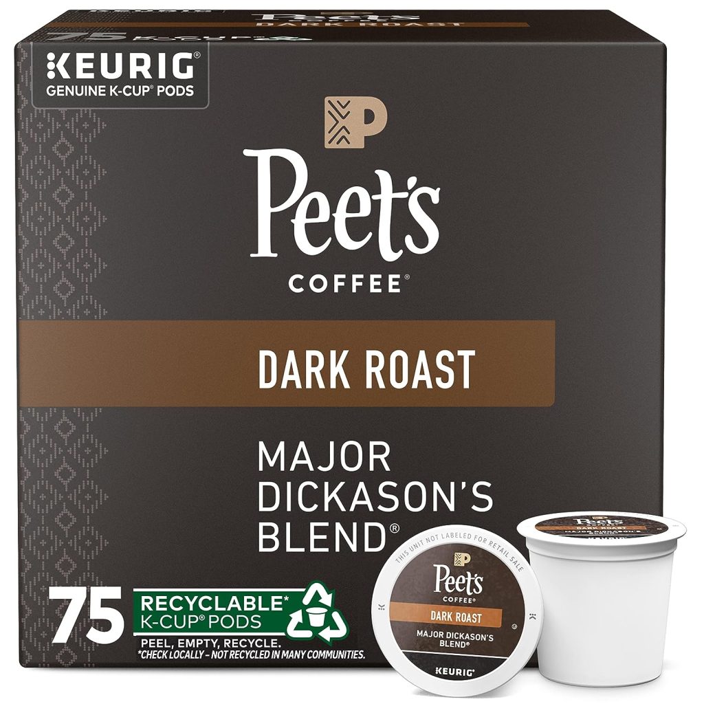 Peet’s Coffee Major Dickason’s Blend Dark Roast K-Cup Pods, 75 Count, Compatible with Keurig Brewers