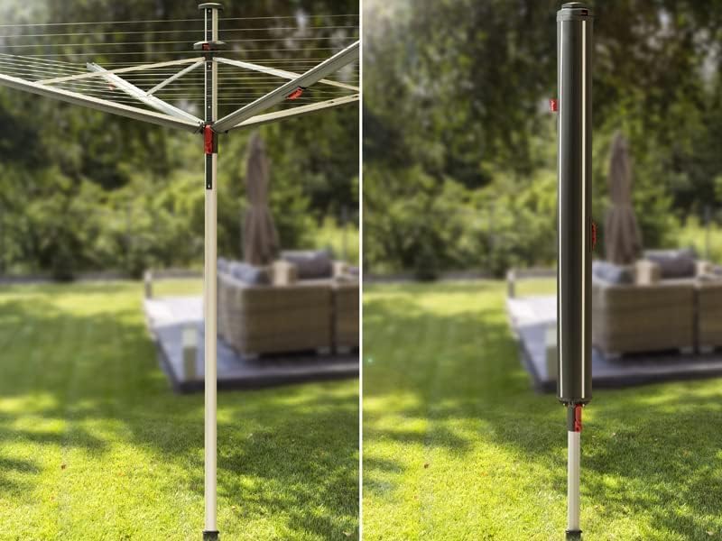 Vileda Sun-Rise Premium Wäschespinne -50m Leinenlänge|Kompakte & stabile Wäschespinne für Garten & Terrasse|Patentiertes Spannsystem, wetterfest & platzsparend, Höhe 1,67–1,82m | Eco-Verpackung
