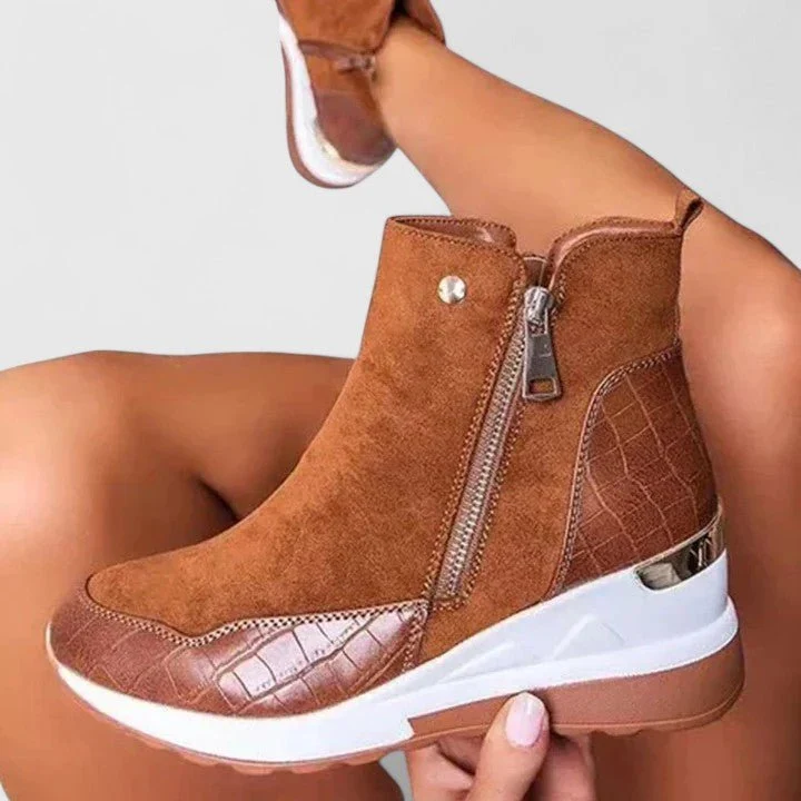 Women��s Black Wedge Ankle Boots Croc-Panel Zip-Up Design