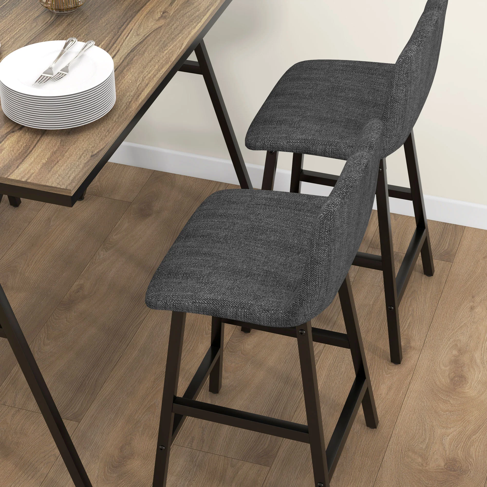 HOMCOM 5-delige Bargarnituur, Tafel en 4 Stoelen, Knoopafwerking, Dikke Bekleding, Linnenlook, Donkergrijs