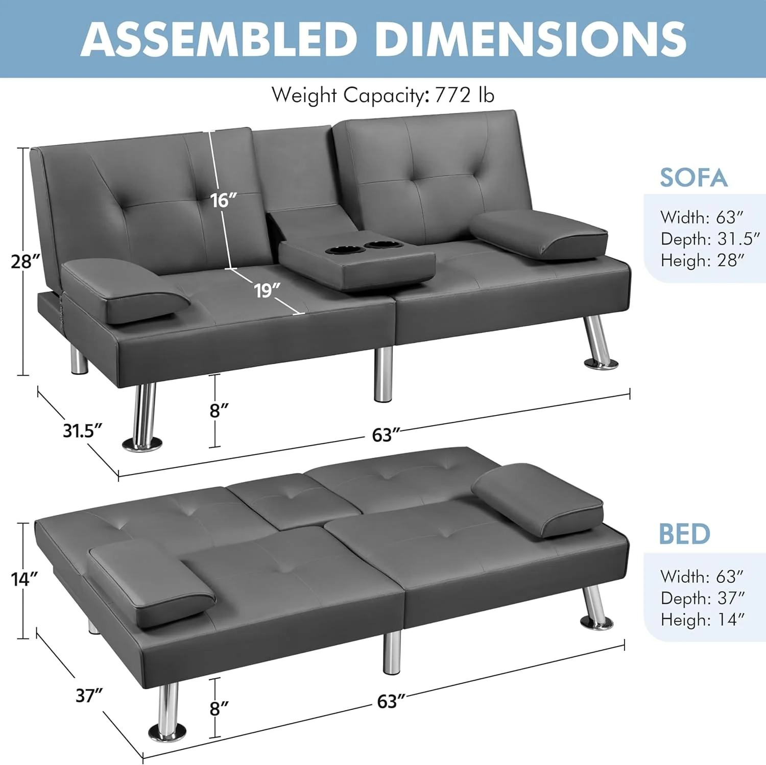 Yaheetech Convertible Sofa Bed Adjustable Couch Sleeper Modern Faux Leather Home Recliner Reversible Loveseat Folding Daybed Guest Bed, Removable Armrests, Cup Holders, 3 Angles, 772lb Capacity, Brown