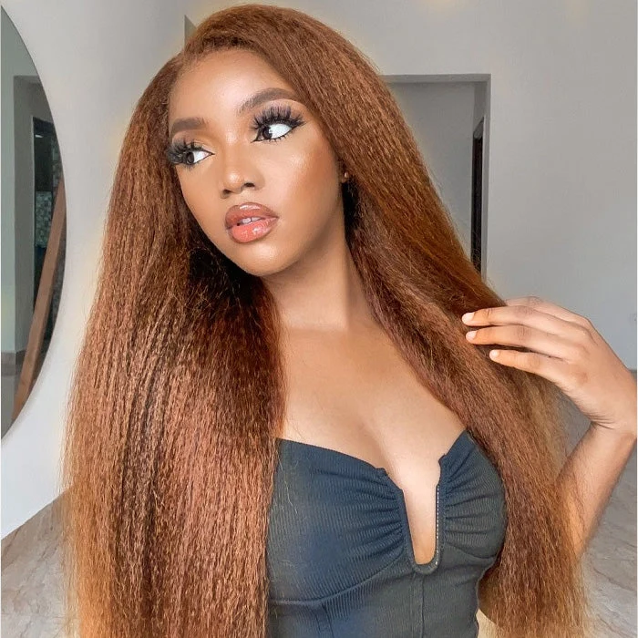 Kinky Edges Hairline #4 Chocolate Brown Colored Kinky Straight Human Hair Lace Wig Effortless Kinky Culry Edges Undetectable HD Lace Front Wig