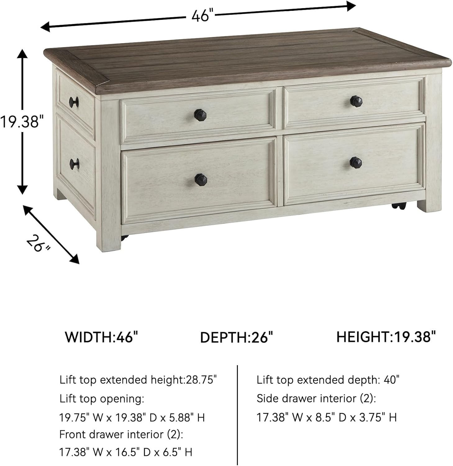 Ashley Bolanburg Lift Top Coffee Table with Drawers, Antique Cream & Brown