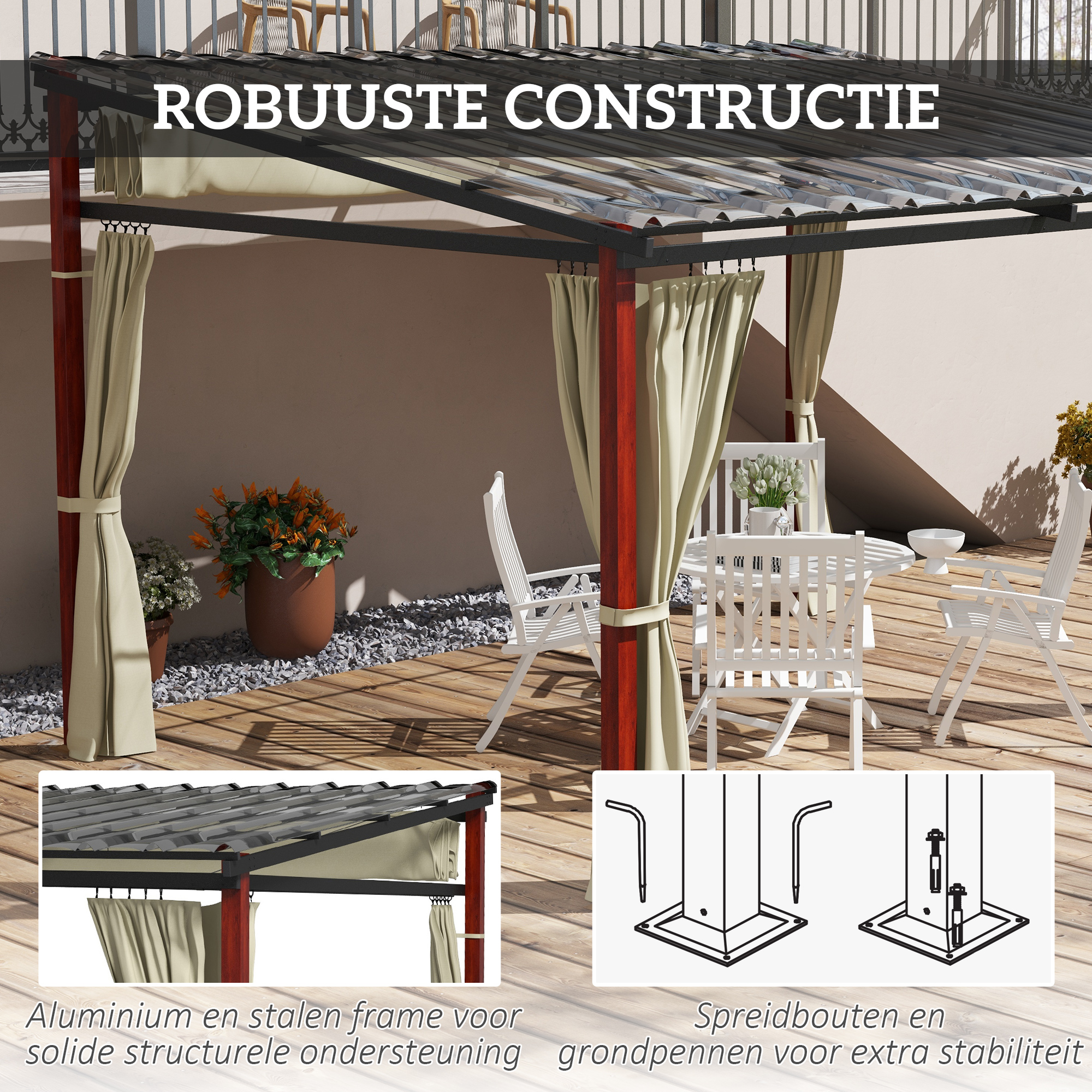 Outsunny Verstelbare Tuinprieel, Weerbestendig, Inclusief Bevestigingsmateriaal, Beige
