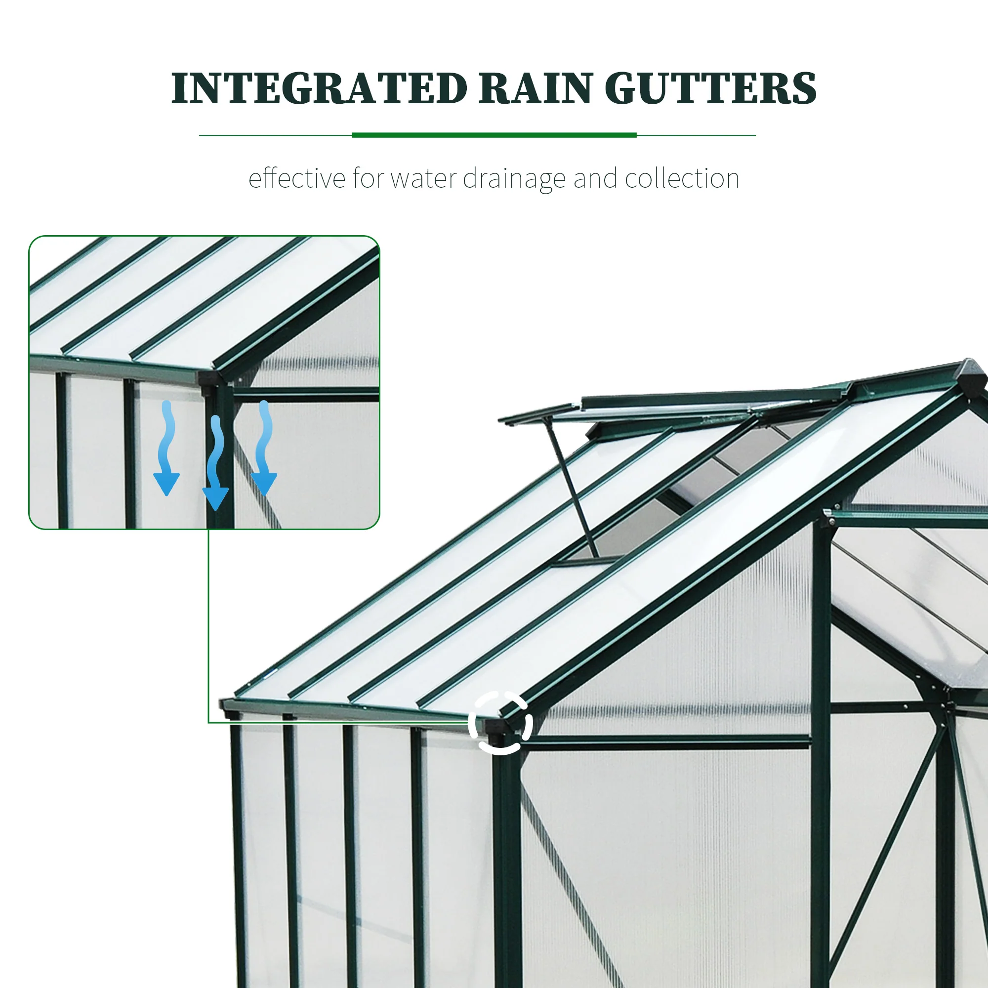 Outsunny kas met polycarbonaat behuizing en dakklep, 190x 252 x 201 cm