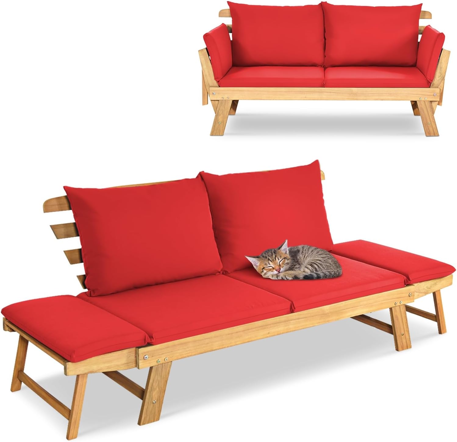 GIANTEX Gartenbank mit Liegefunktion, Gartensofa mit klappbaren Seitenlehnen, Balkonbank mit Auflagen, Sitzbank Outdoor aus Akazienholz, Loungesofa 3-Sitzer, Liegesofa für Balkon Garten Terrasse