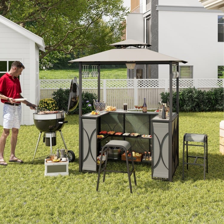 3 részes kültéri bárszett, grillsütő pavilonszerű tetővel és 2 bárszék, edzett üveg bárasztallal