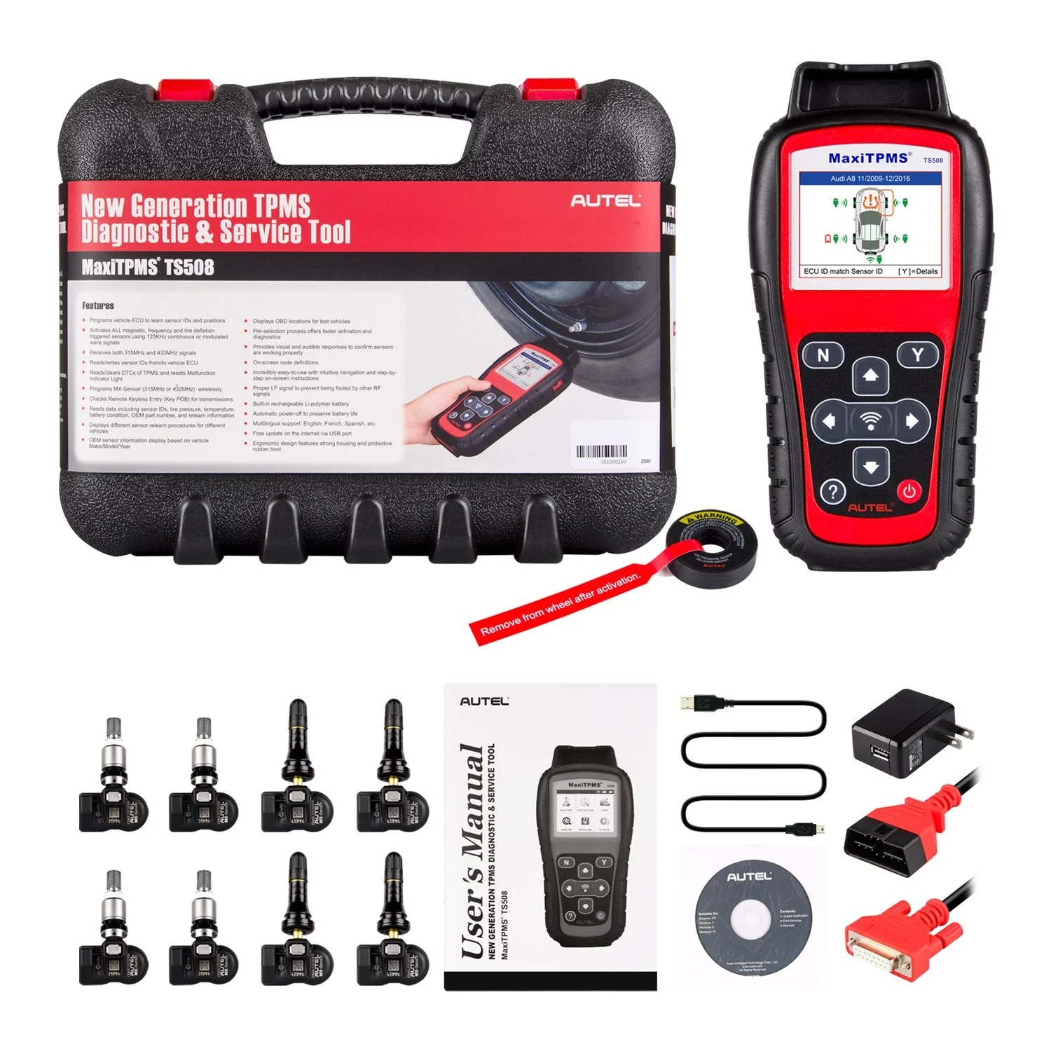 Autel MaxiTPMS TS508K TPMS diagnosztikai szervizeszköz, cserélhető szelepek 4 db 315 MHz-es és 4 db 433 MHz-es MX-érzékelővel