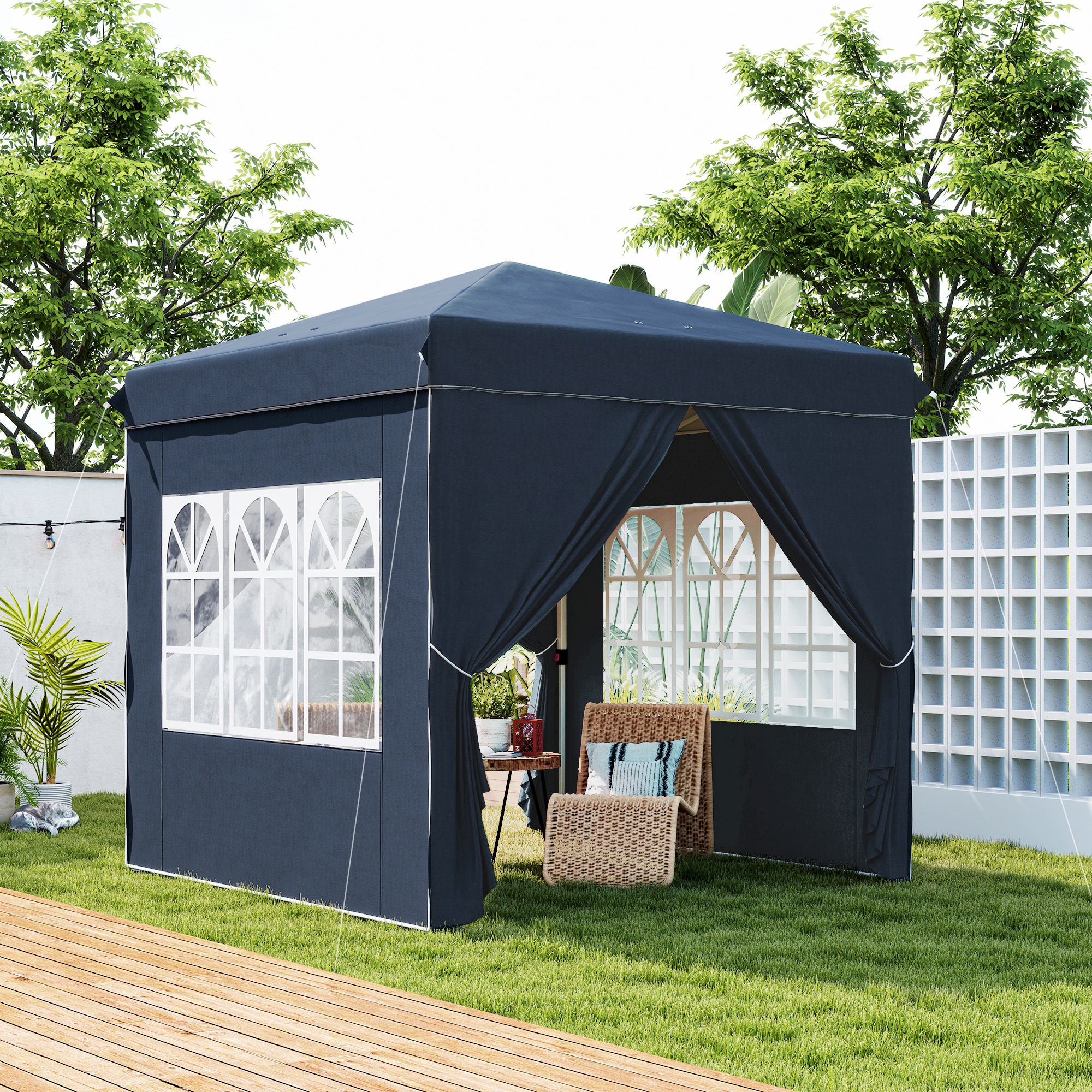 2,5 x 2,5 m Pop-up Paviljoen met Zijwanden en Draagtas, UPF50+ Hoogteverstelbaar Tuinpaviljoen, Donkerblauw