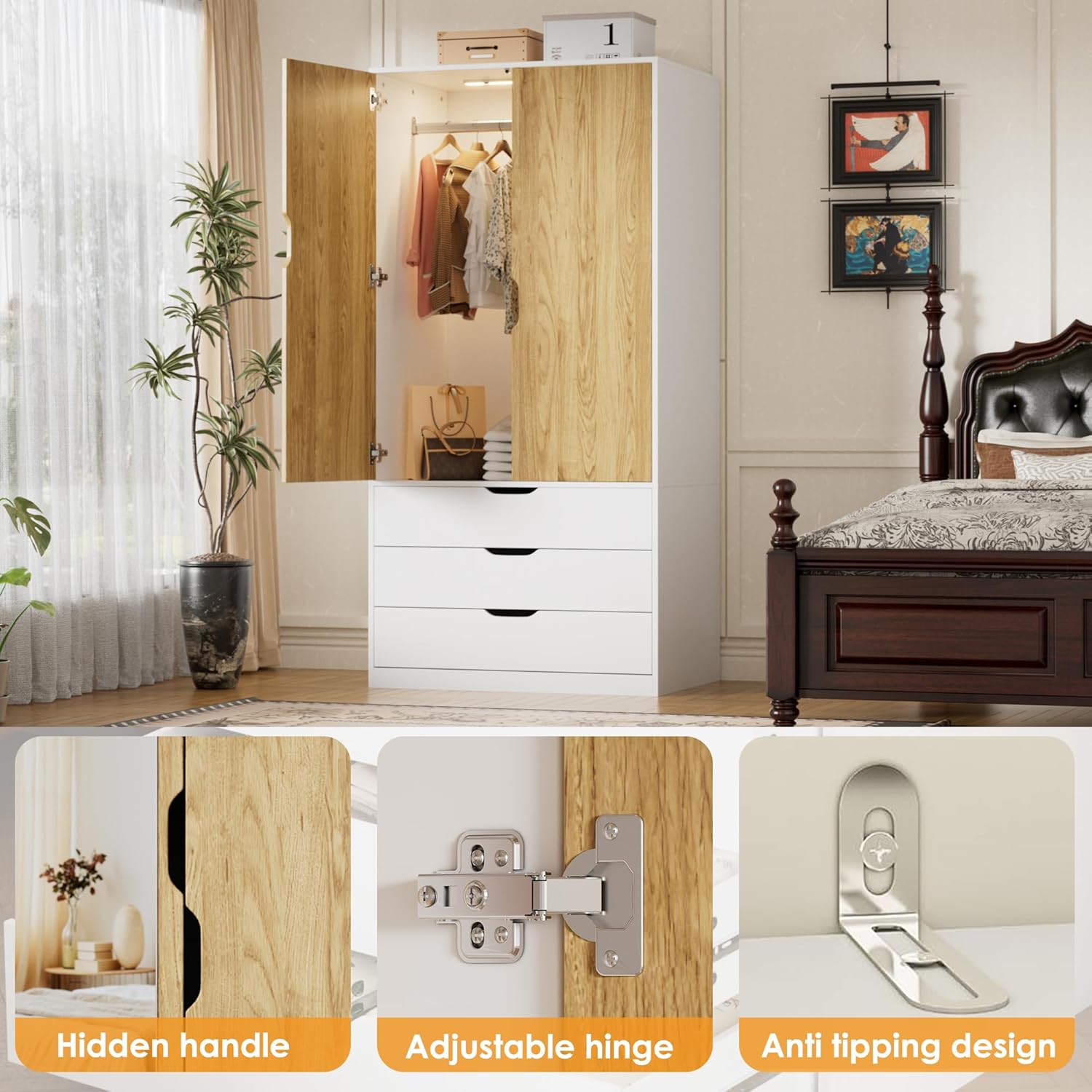 MSFE Armoire Chambre Penderie avec 2 Portes, Armoire Dressing Blanc avec Miroir, LED et 3 Tiroirs, Armoires de Rangement Bois pour Adulte Enfant, Garde-Robe Moderne 80 x 180 x 50 cm (L/H/P)
