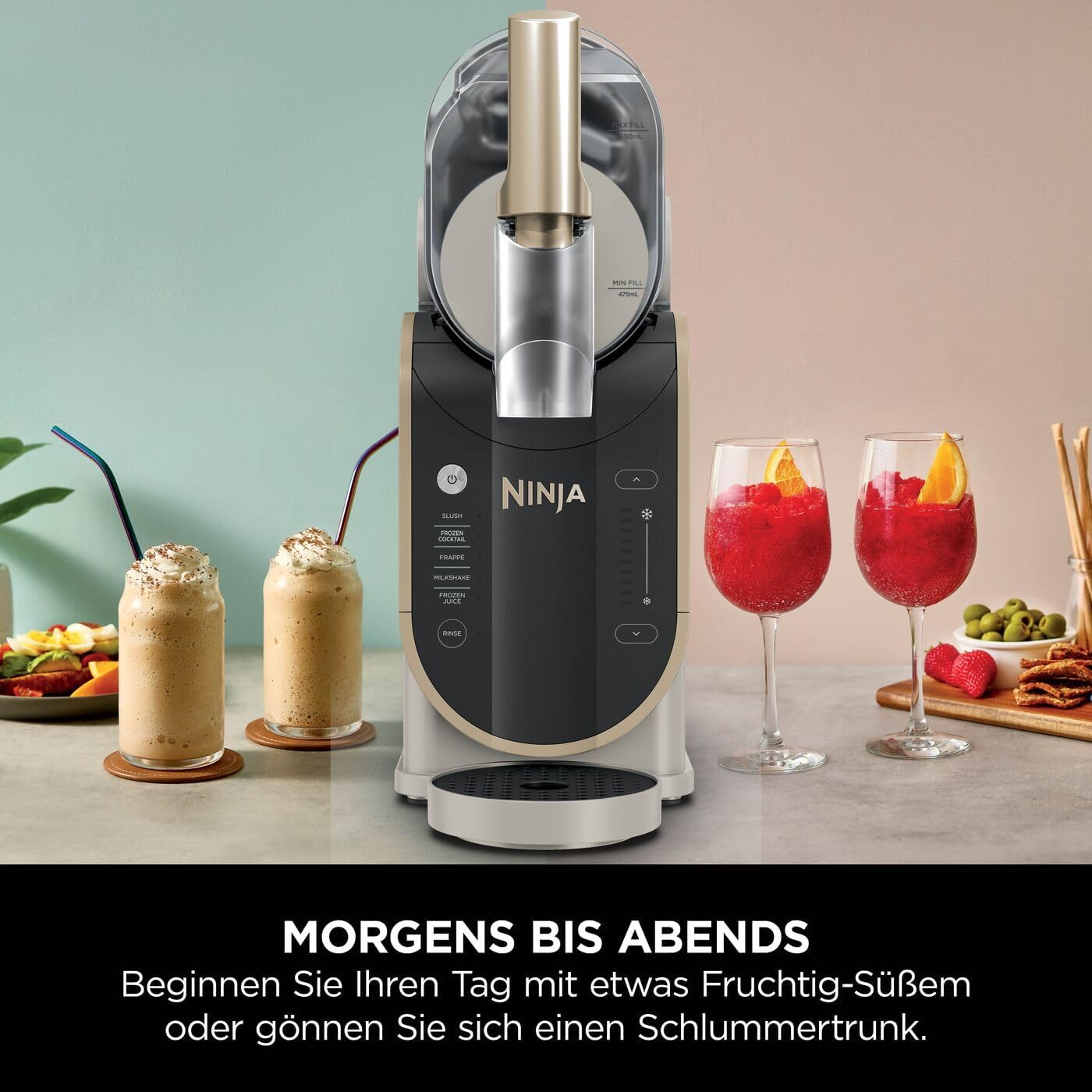 Ninja SLUSHi Maschine für Slush, Eis-Cocktails, Frappé, Milchshakes & gefrorenen Saft, ohne Eis oder Vorbereitungsaufwand, WhisperChill-Technology, fasst 1,9 L, Stone Gold, FS301EUSTGD