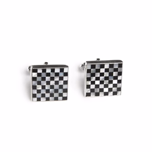 Square Black & White Check Inlay Cufflinks, Sterling Silver