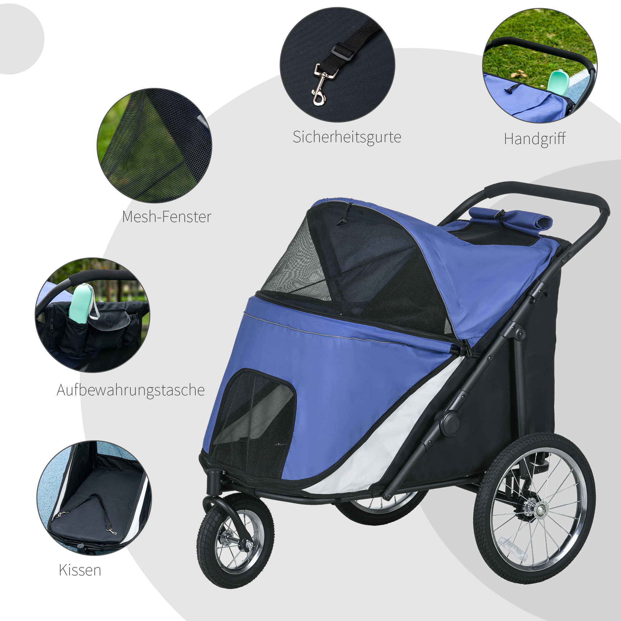 PawHut Hondenbuggy, inklapbaar, opklapbaar, Ligkussen, Stalen frame, Blauw/Zwart