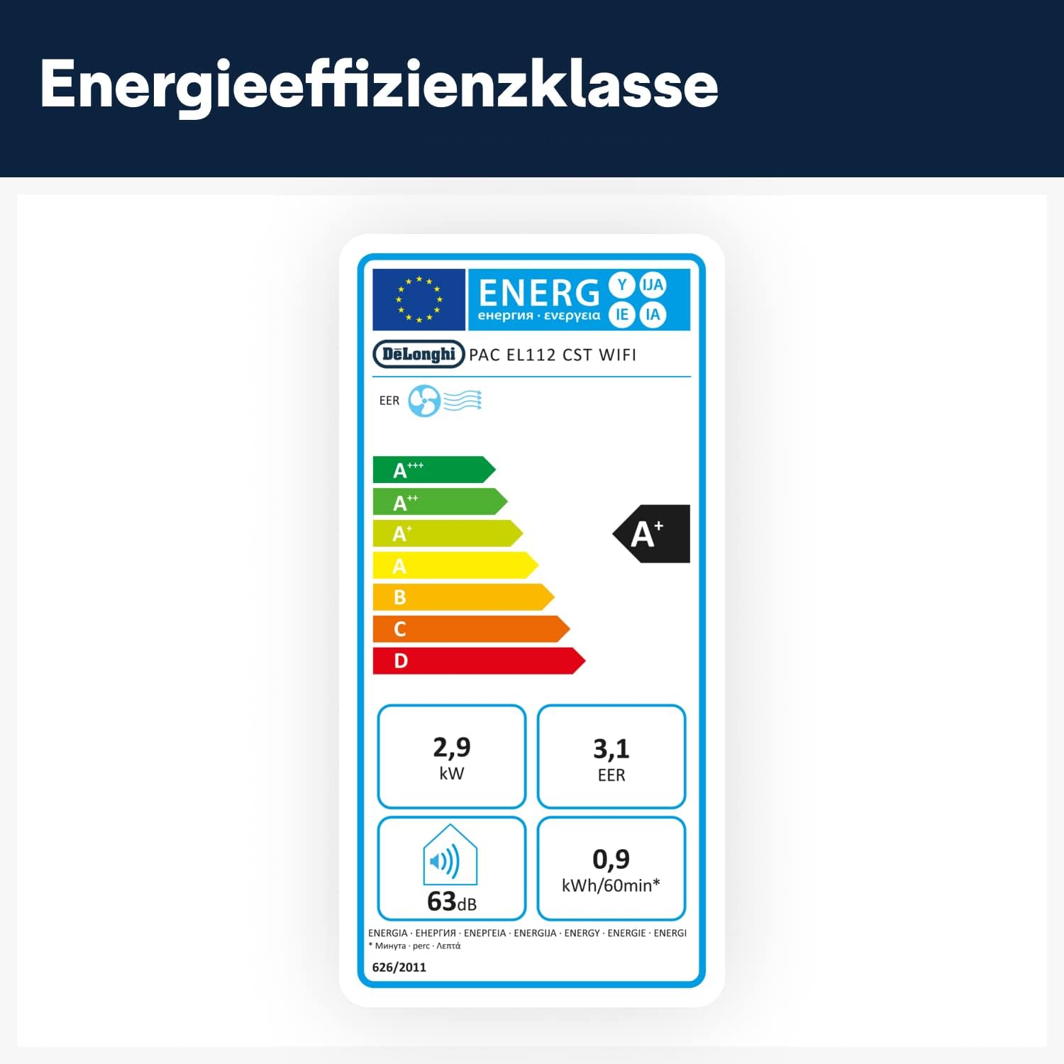 De'Longhi Pinguino PAC EL112 CST WiFi, Mobile Klimaanlage mit MyEcoRealFeel-Technologie für Räume bis zu 110 m³,11.000 BTU/h, 2,9 kW, 63 dB, Entfeuchtungsfunktion, A+, App- und Sprachsteuerung, Weiß