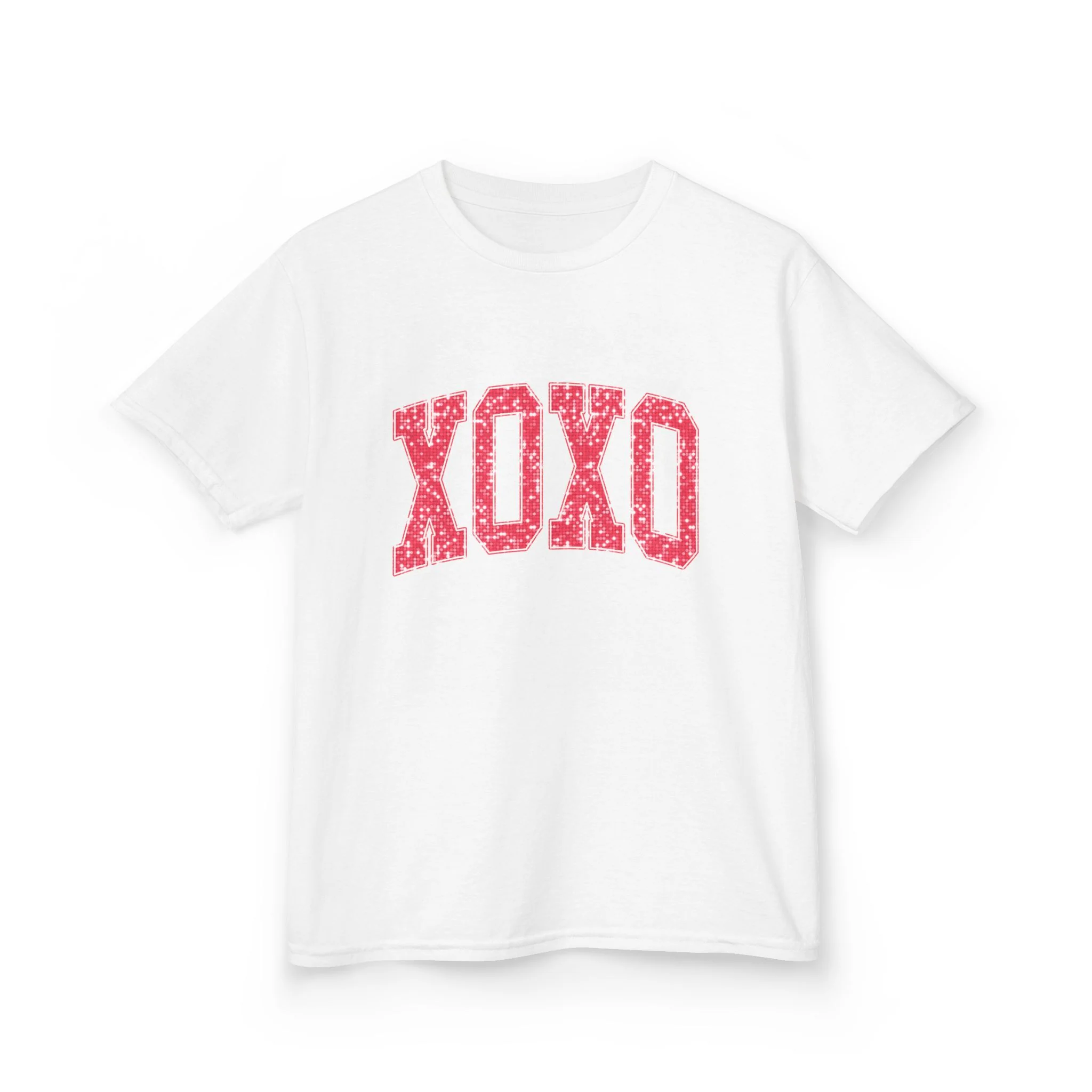 XOXO Kids Tee, Valentine Heart Pattern, Pink Lettering