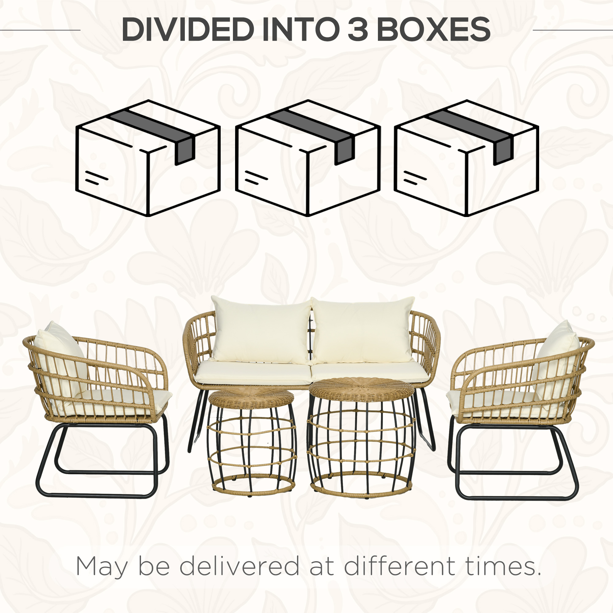 Outsunny Lounge-Set Rattan Zitgroep, Buitenmeubelset in Boho-stijl, 5-delig, 145 x 70 x 78 cm, Crème + Natuur + Zwart