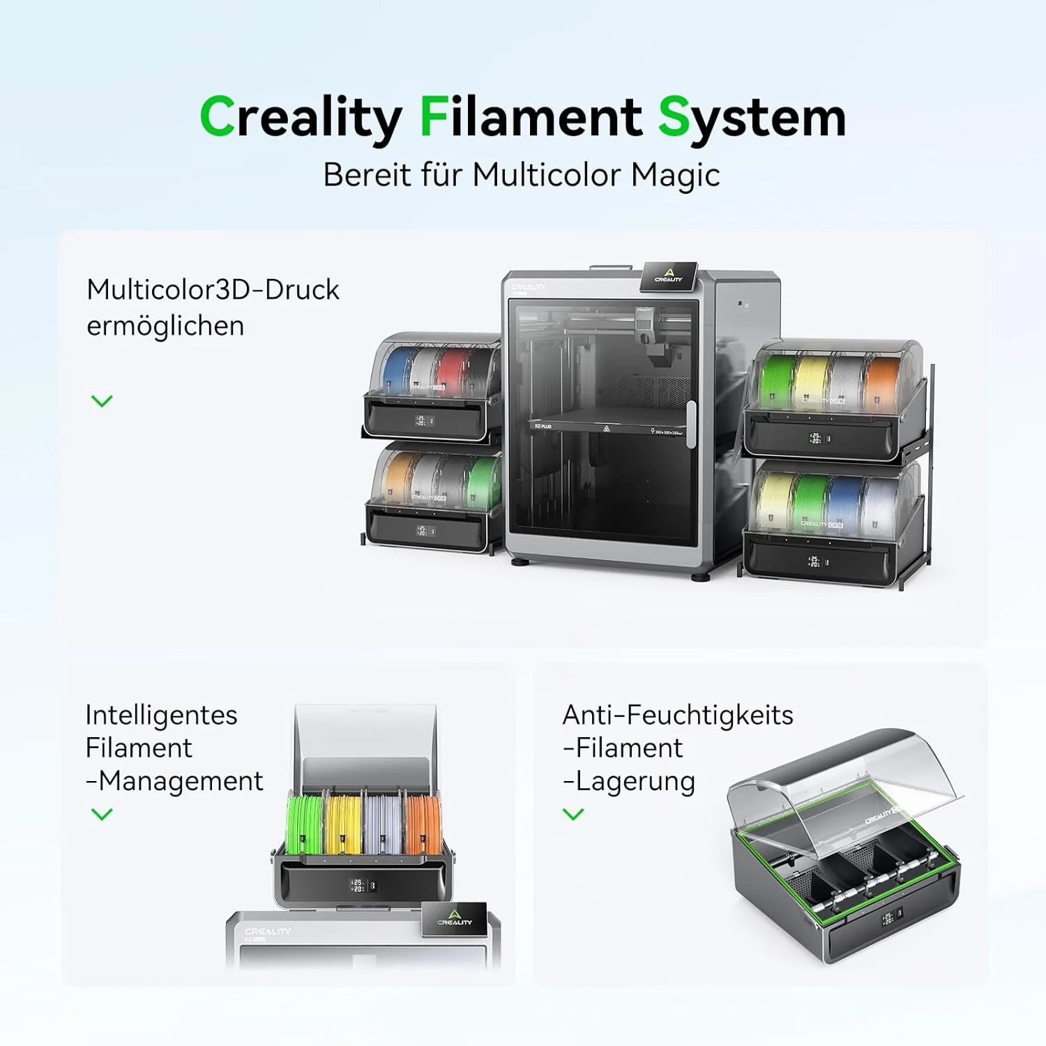Creality K2 Plus Combo 3D-Drucker, 16-Farben Multimaterial-Druck, 350³mm XXL-Bauraum, Servo-Direktantrieb, Dual-KI-Kameras, Ultra-Leise