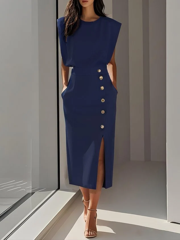 Women��s Midi Dress Sleeveless Button Front Elegant Style