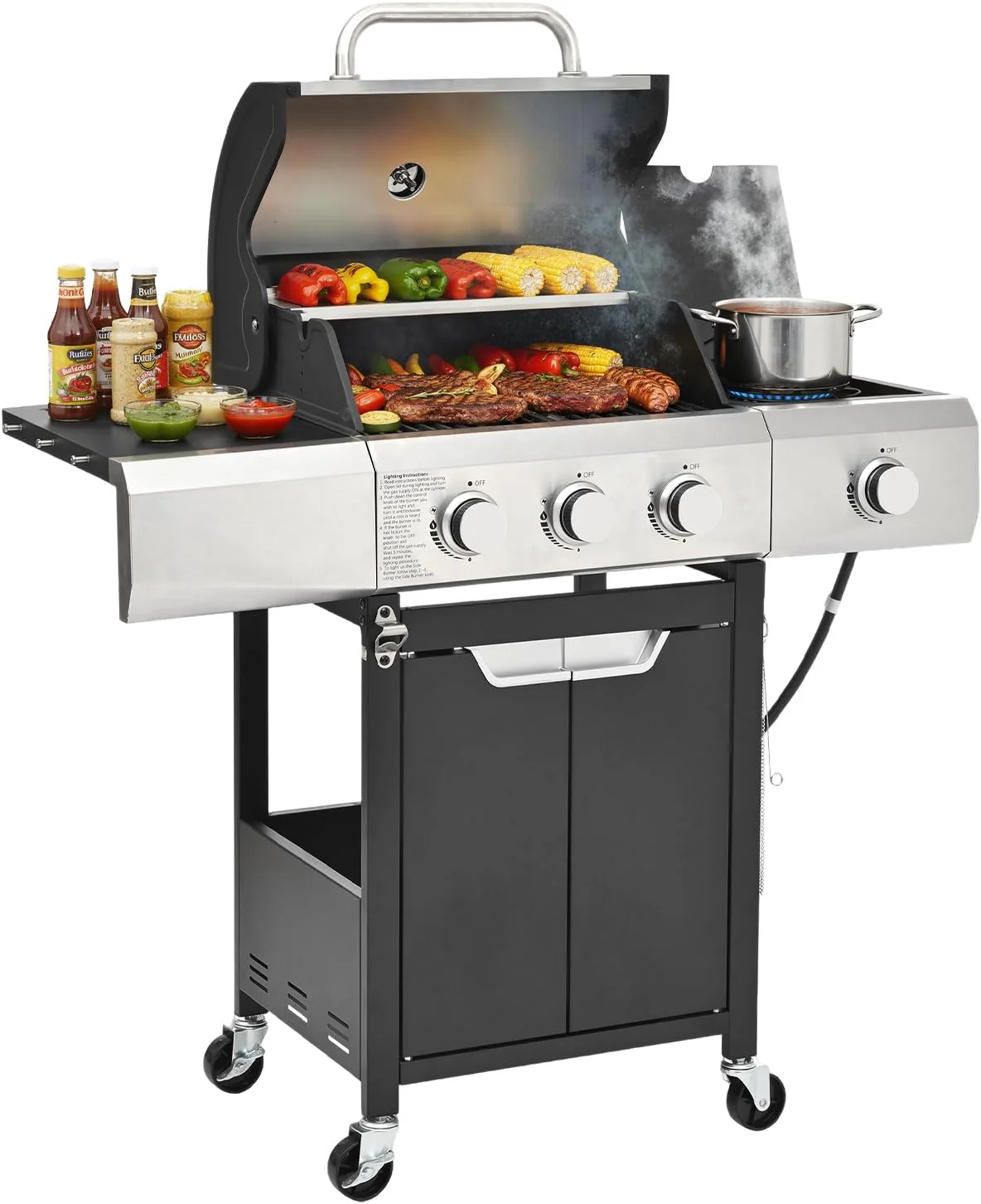 4-Burner Propane Gas BBQ Grill with Side Burner, 46,500 BTU Output Stainless Steel