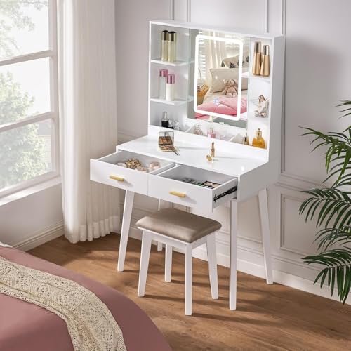 BEWISHOME Toeletta da Trucco con Specchio, Toeletta Bianca con Sgabello, Tavolo da Trucco con Luci LED e 3 Modalità Colore, Postazione Trucco con 2 Cassetti e 4 Ripiani Aperti,Toeletta Moderna EFST22W : Amazon.it: Casa e cucina