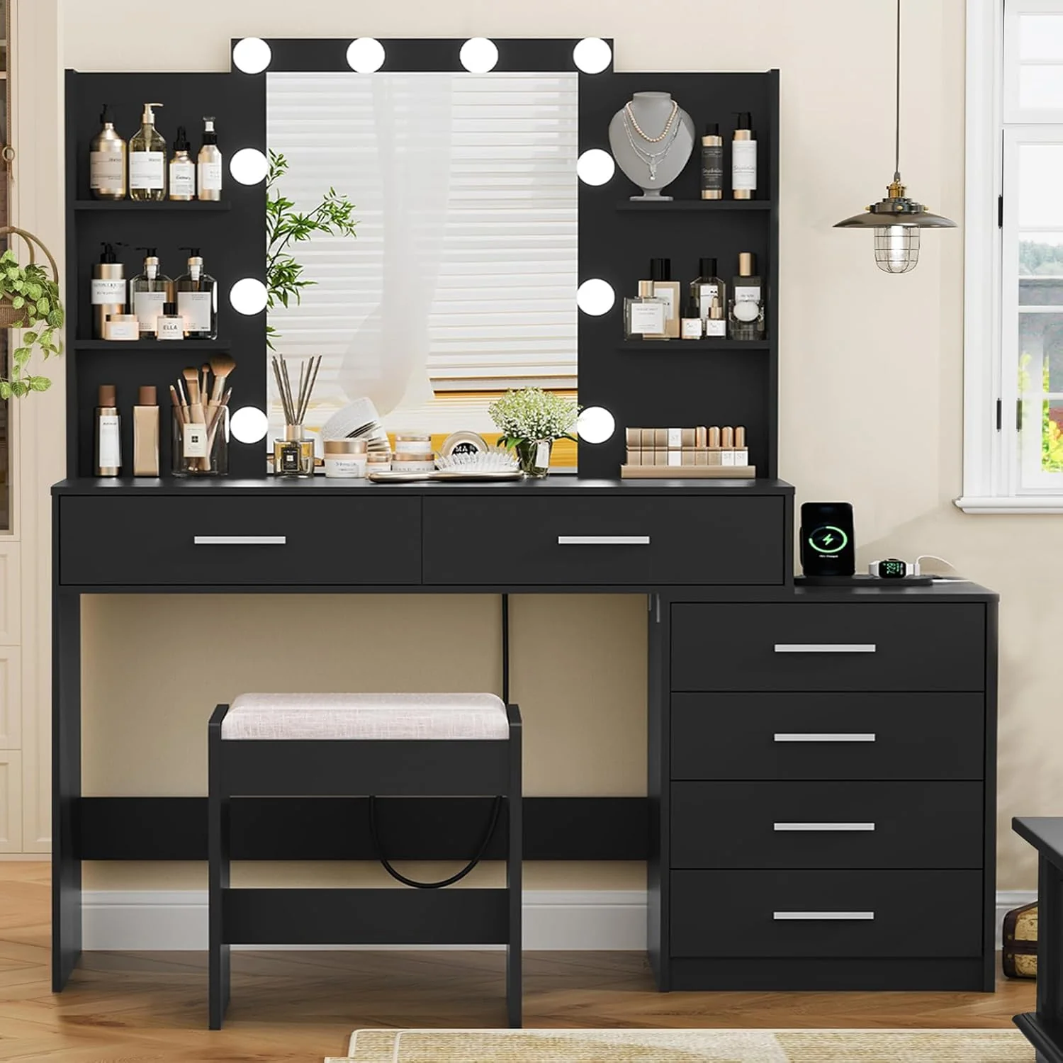 Quimoo Large Vanity Desk with LED Lighted Mirror & Power Outlet,Makeup Vanity Table
