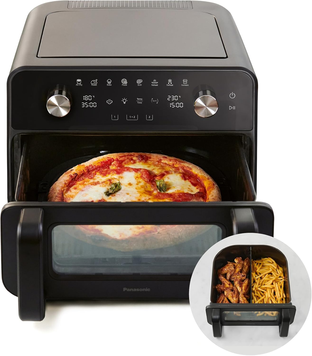 Panasonic NF-BC1000KXE Friggitrice ad Aria Flex con Finestra di Visualizzazione, XL Cestello Flessibile, Separatore Rimovibile, 9,6L, 30°-230°C, Vapore Delicato, 8 Preselezioni, Pulizia Facile, Nero