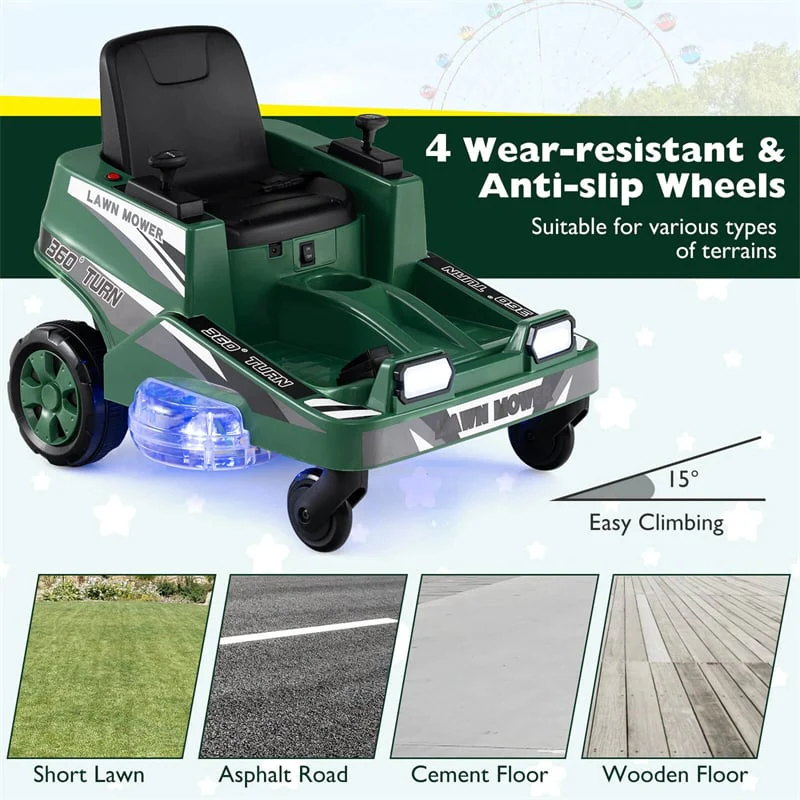 12V Kids Ride-On Lawn Mower with 360° Twist & Turn, Dual Control Sticks, LED Lights, Toddler Electric Car Toy for Boys & Girls Aged 3-8