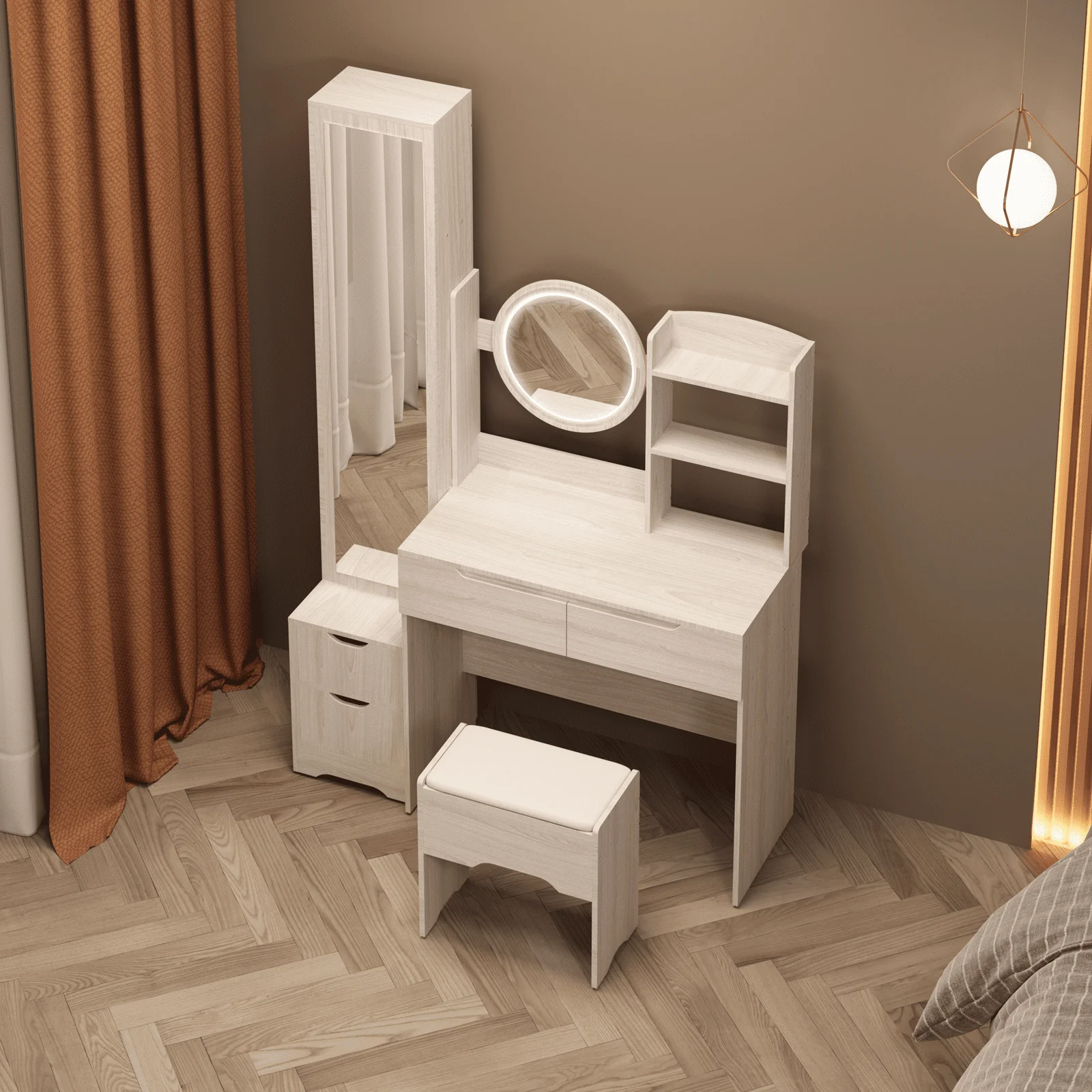 UBesGoo Lighted Vanity Table Set, Dressing Table with Full Length Mirror, Bedroom Makeup Table with Hidden Stoarge Cabinet, White Oak Color