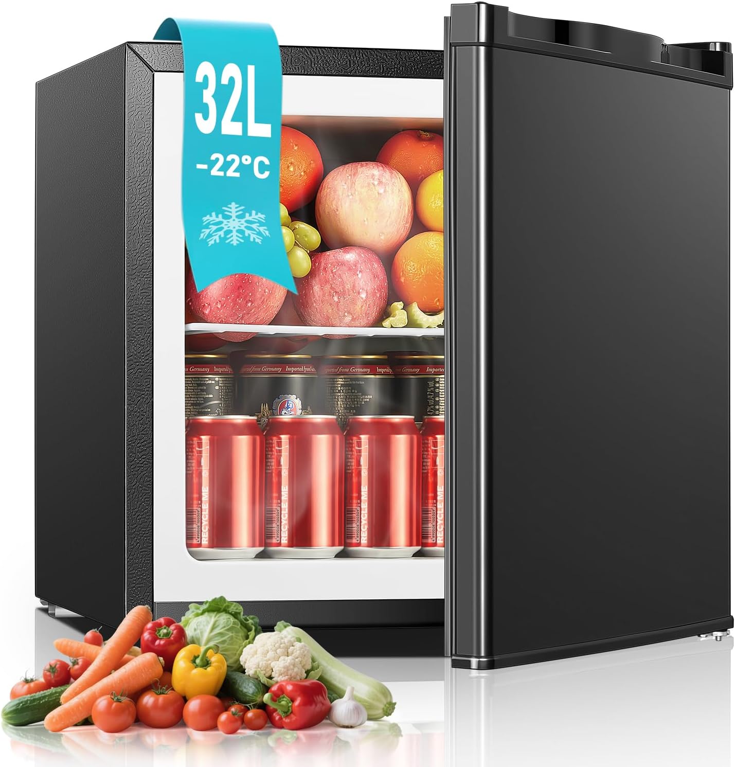 FOHERE Mini Gefrierschrank 32L -22°C Klein Kompakt Leise 43db Gefrierbox, Wechselbarer Türanschlag, Tiefkühltruhe Tiefkühlschrank Klein, Perfekt für Büro Camping Outdoor (schwarz) [Energieklasse E]
