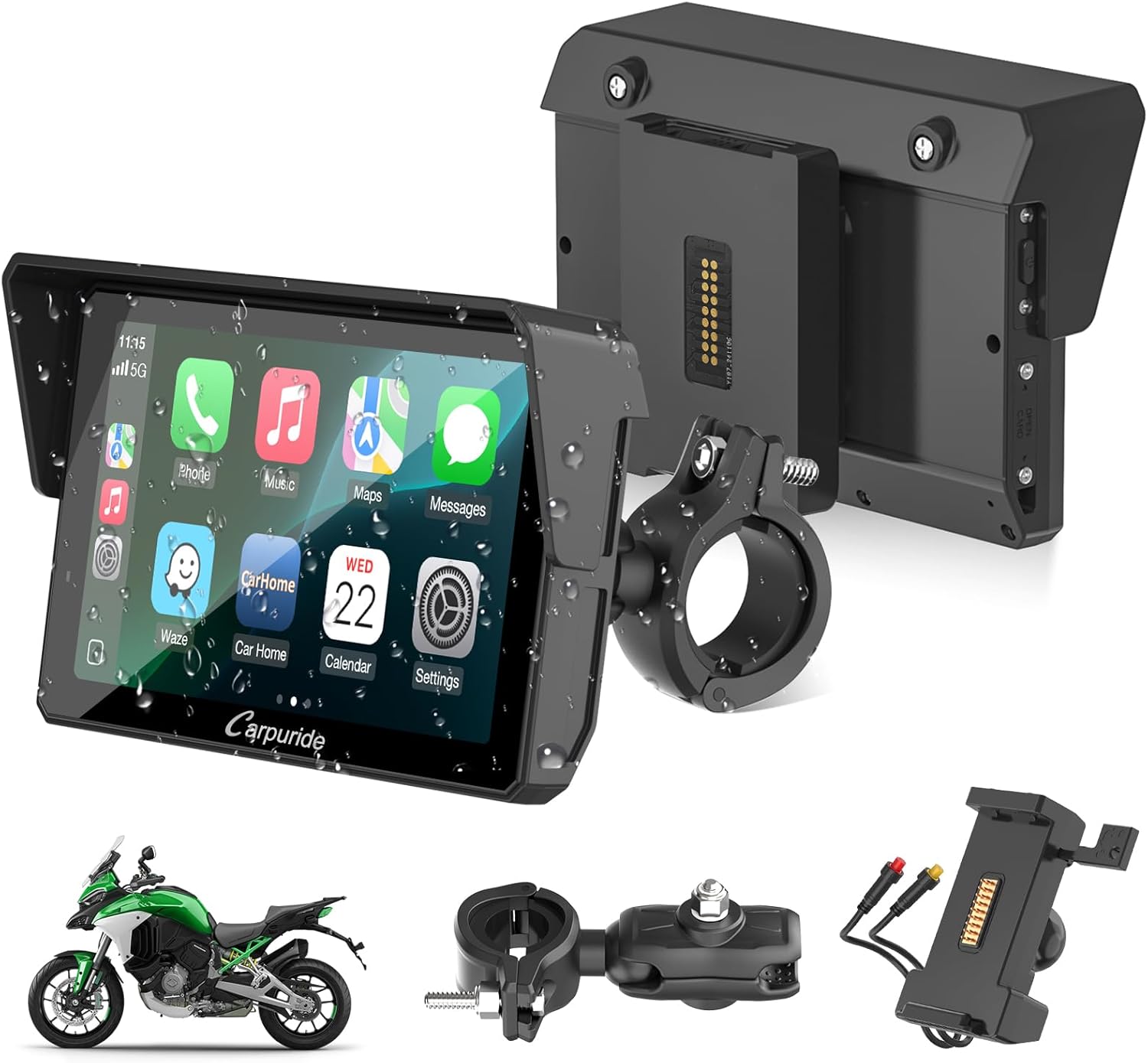 Carpuride W502S Pro - GPS inalámbrico para Motocicleta, Carplay/Android Auto, Pantalla táctil Impermeable de 5