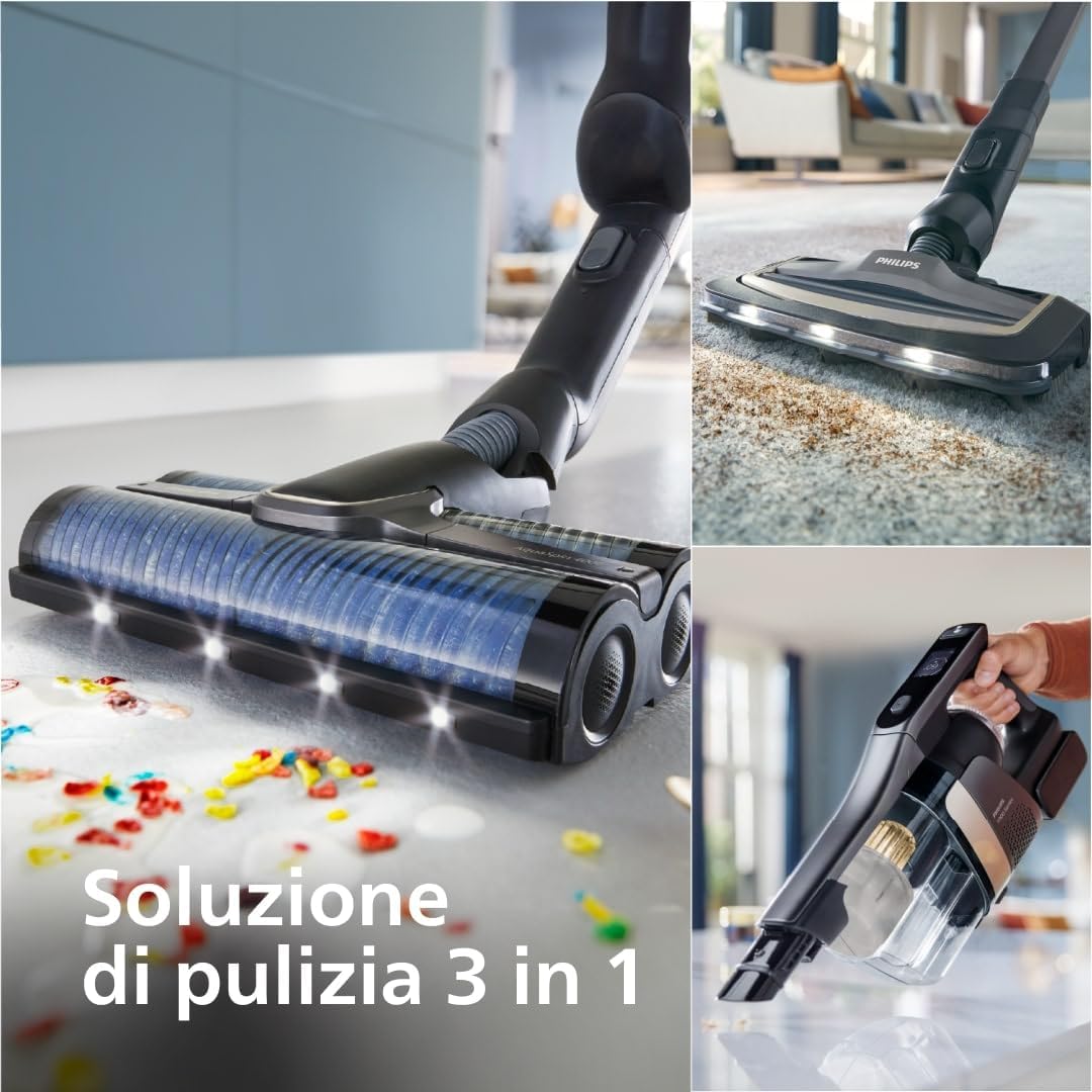 Philips AquaTrio 9000 Aspirapolvere Lavapavimenti Senza Fili, Aspirabriciole, per Polvere, Macchie, Liquidi e Animali domestici, Spazzole AquaSpin ad Alta Velocità, Sistema di Autopulizia (XW9463/11)