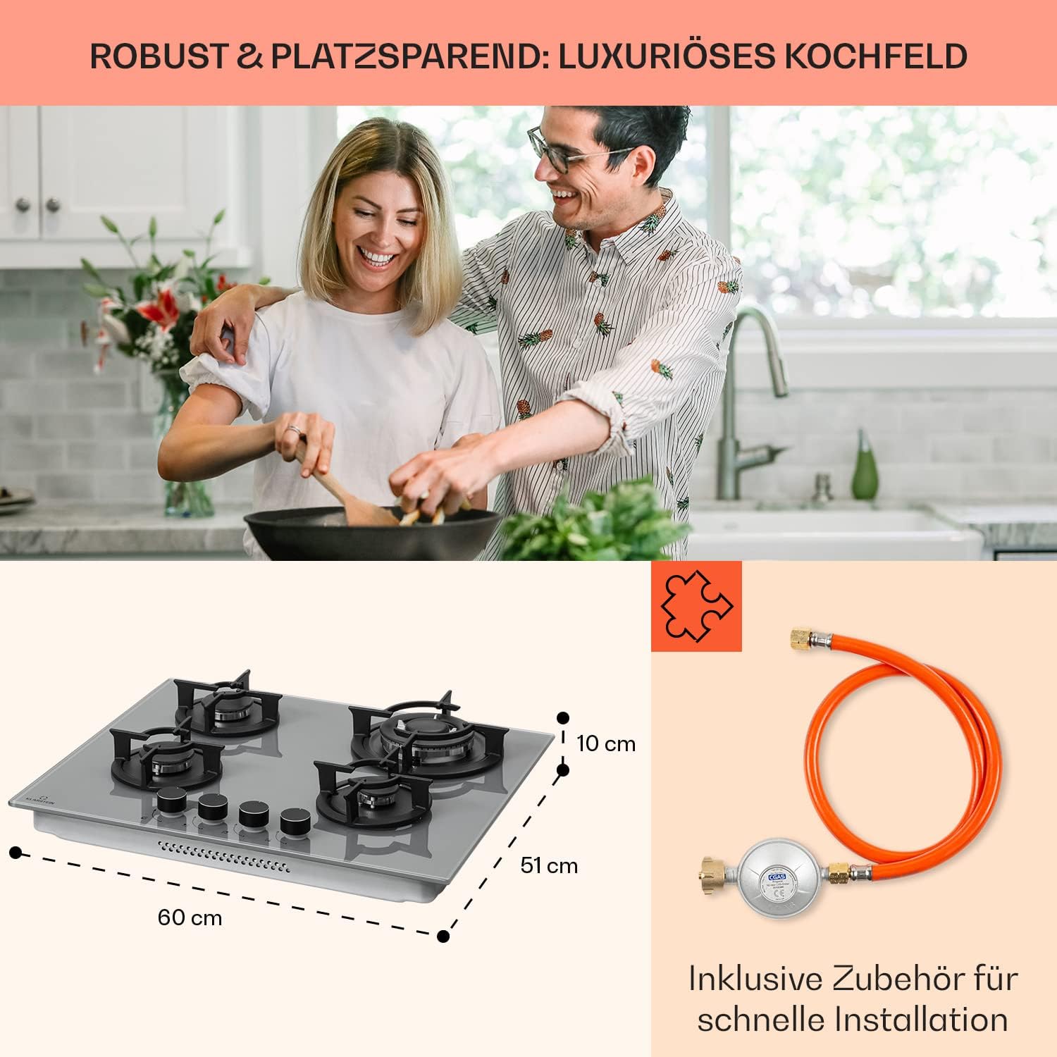 Klarstein Gasherd, Einbau-Gasherd für Propan Gasflasche, Gaskochfeld 4 Flammig, Gasherd für Küche, Camping & Wohnmobil, 8000 W Kochplatte, LPG Gaskocher, Herdplatte für Propangas, Edelstahl Gas-Herd