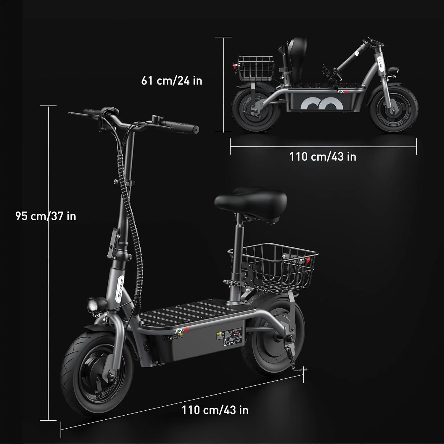 iScooter electric scooter with seat, 37/21 mile range, 28/19/15.6 mph top speed, dual suspension scooter with basket
