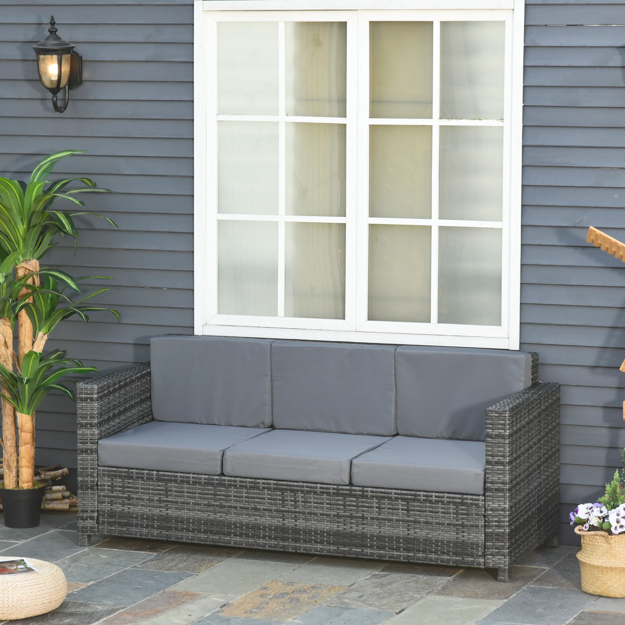 Outsunny Poly-rotan bank met kussens 3-zits loungebank tuin metaal polyester grijs