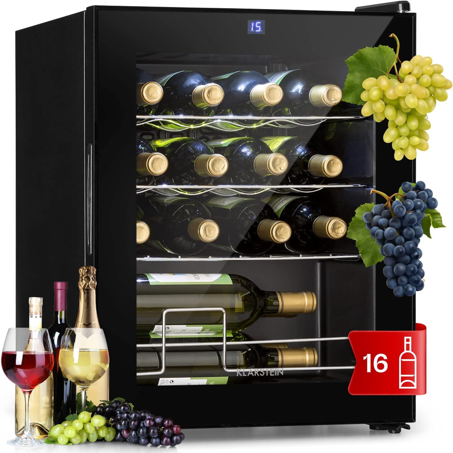 Klarstein Weinkühlschrank, 1 Zonen Getränkekühlschrank Klein, Kleiner Weinschrank 42L, Wein-Kühlschrank Klein mit Glastür, Indoor/Outdoor Flaschenkühlschrank, Wine Fridge 5-18°C, 16 Flaschen