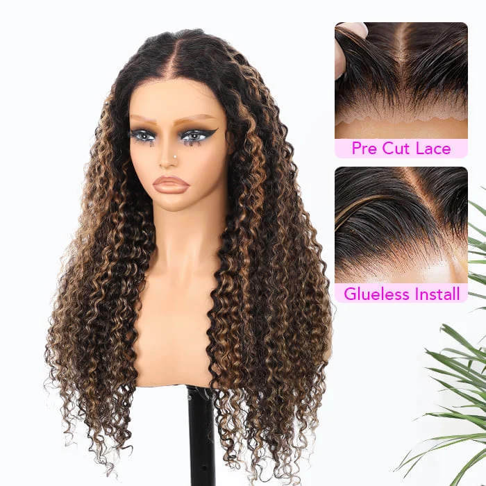Cynosure Bayalage Highlight Curly Glueless 8X5 Lace Closure Wigs Pre Bleached Pre Plucked Human Hair Wigs