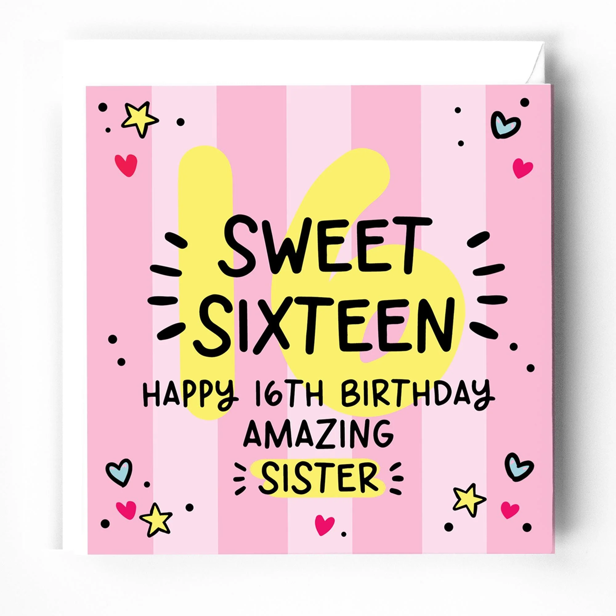 Sister 16th Birthday Card: Sweet Sixteen, bright, pink, with white envelope