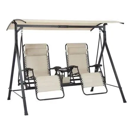 Mainstays Zero-Gravity Steel Porch Swing – Beige/Black, Size: 230 cm x 148 cm x 184 cm
